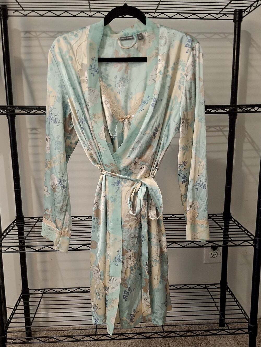 Apt. 9 Intimates Robe & Nightgown Set In Floral Aqua & Cream W/Lace Sz. M
